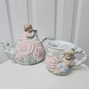 Vintage AVON 1990's Angel Cherub Teapot And Mug Set